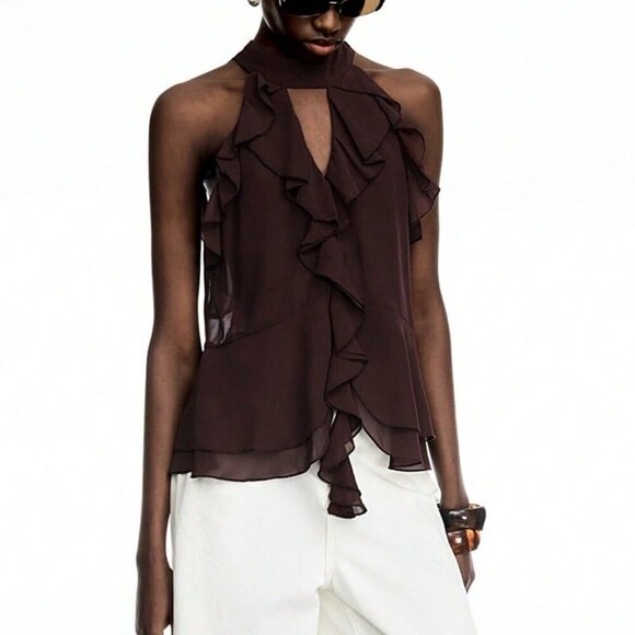 Coffee Brown Casual Women's Ruffle Chiffon Halter Top With Tie – Boho Style - Picture 4 of 7